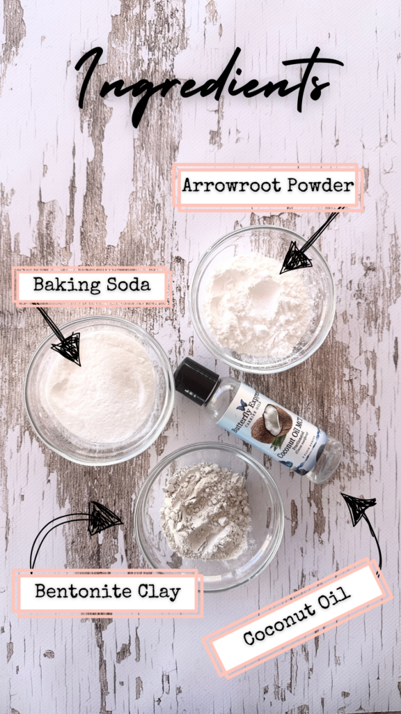 Coconut oil, bentonite clay, arrowroot powder and baking soda measured out, ready to be mixed into homemade deodorant.