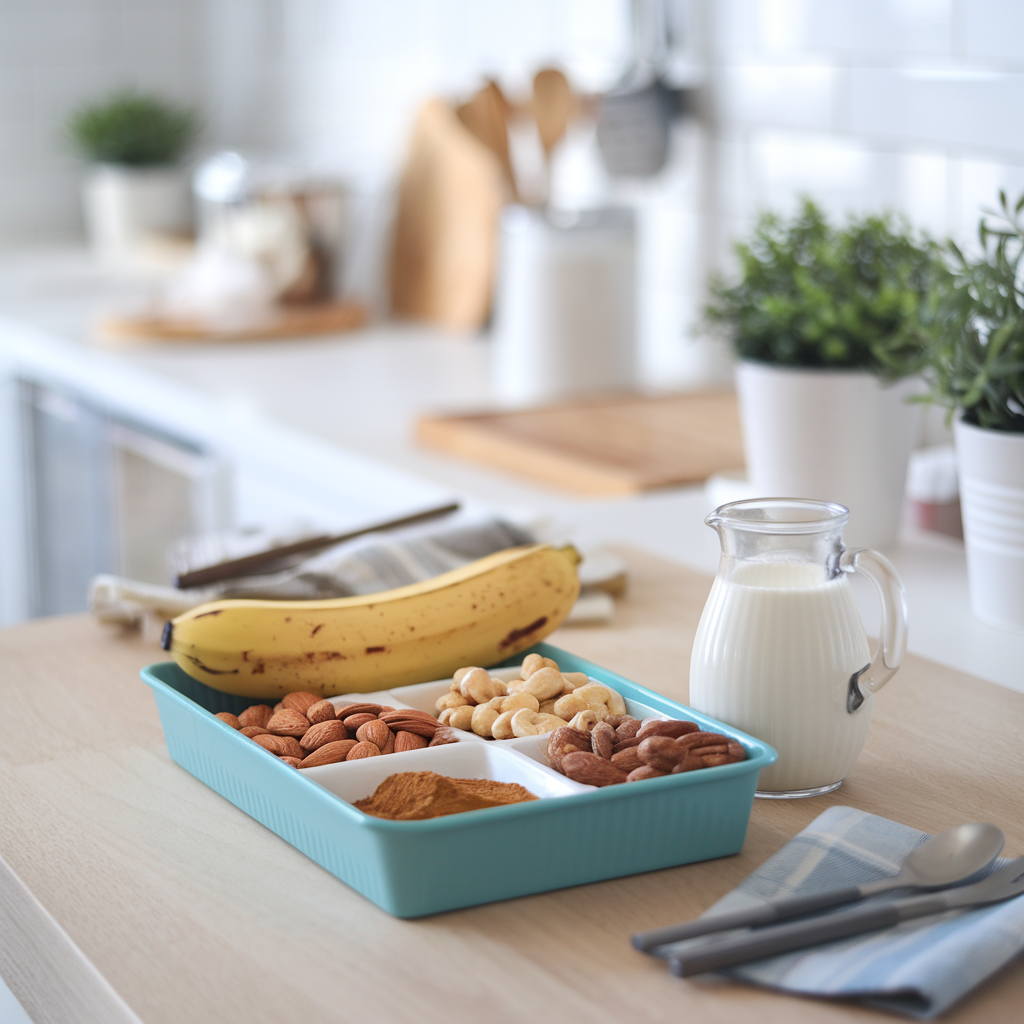 Ingredients for a warming, hearty breakfast porridge, made with nuts, coconut milk, bananas and warming spices.