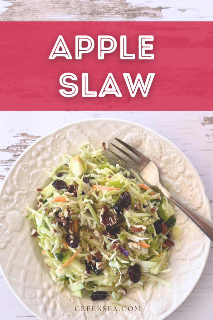 A vibrant plate of Sweet & Tangy Apple Slaw featuring shredded broccoli slaw, cabbage, crisp apple slices, dried cranberries, and crunchy pecans, all tossed in a light apple cider vinaigrette.