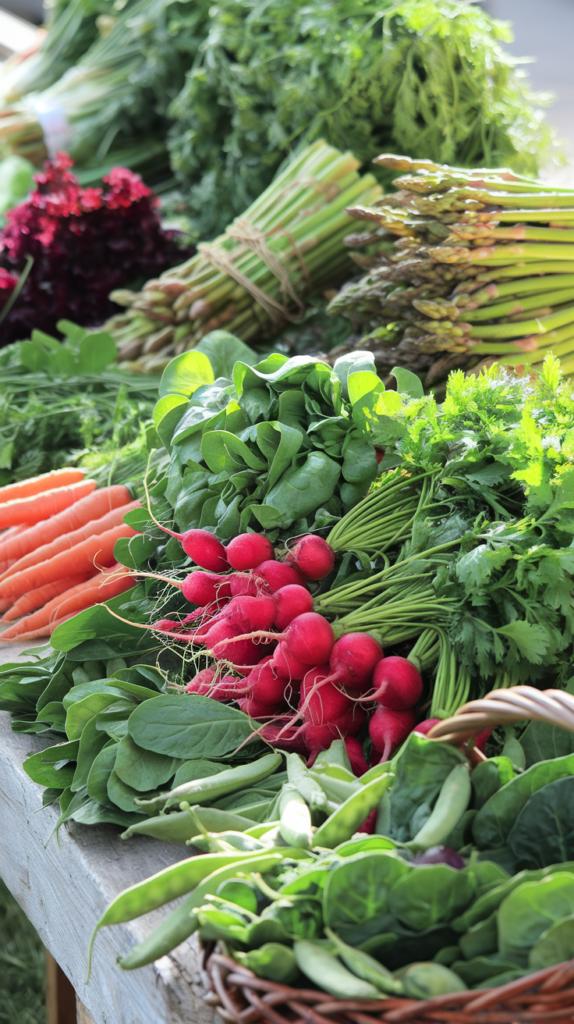 Fresh Spring Vegetables at the Market – Asparagus, Radishes, Spinach & More A colorful display of fresh spring vegetables, including asparagus, carrots, radishes, spinach, and peas, at an outdoor farmers market.