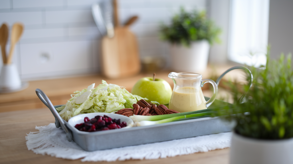 Neatly arranged ingredients for a fresh apple slaw: crisp apples, crunchy cabbage, dried cranberries, pecans, and a tangy apple cider dressing, ready to be mixed into a delicious salad.