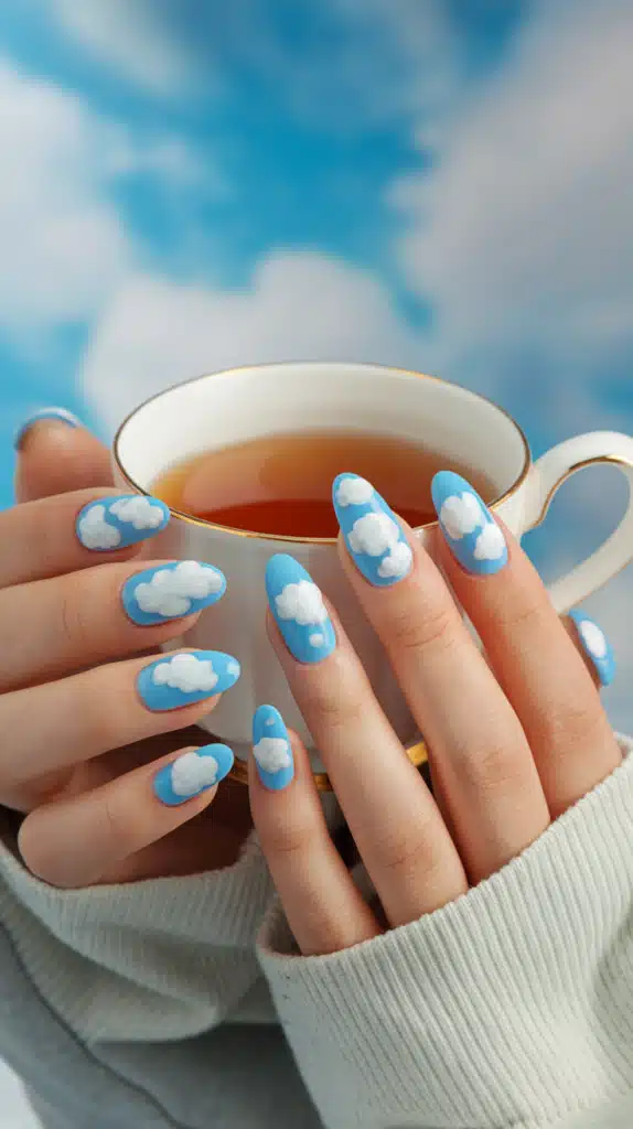 Dreamy sky-blue nails with tiny white clouds, giving a soft, airy look, held against a background of a clear blue sky.