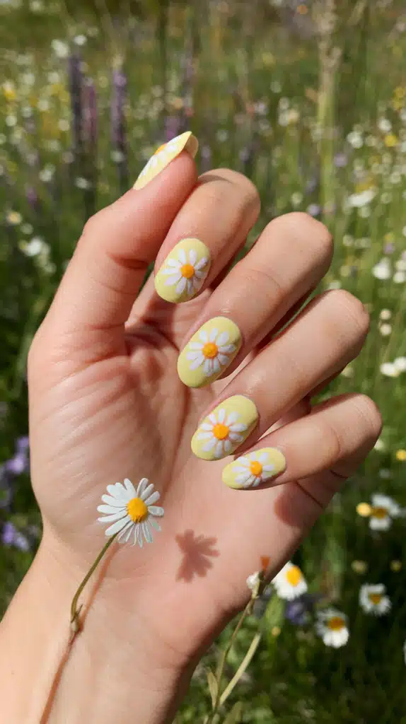A cheerful spring manicure featuring pastel yellow nails adorned with delicate white daisy flowers, set against a sunlit wildflower meadow.