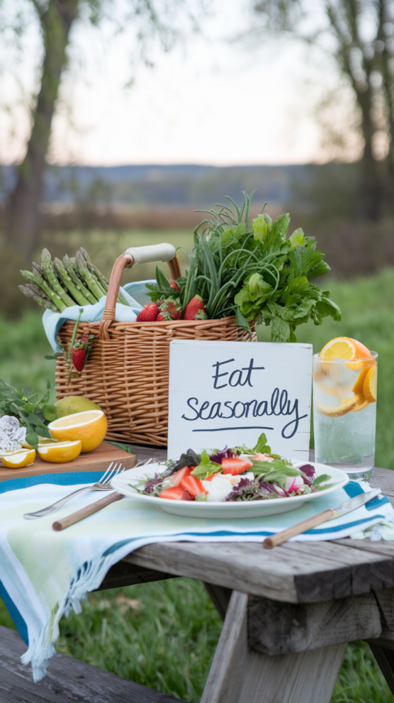 Eating Seasonally Outside with Fresh Spring Produce A rustic picnic table with fresh spring produce, a colorful spring salad, and a glass of citrus-infused water.