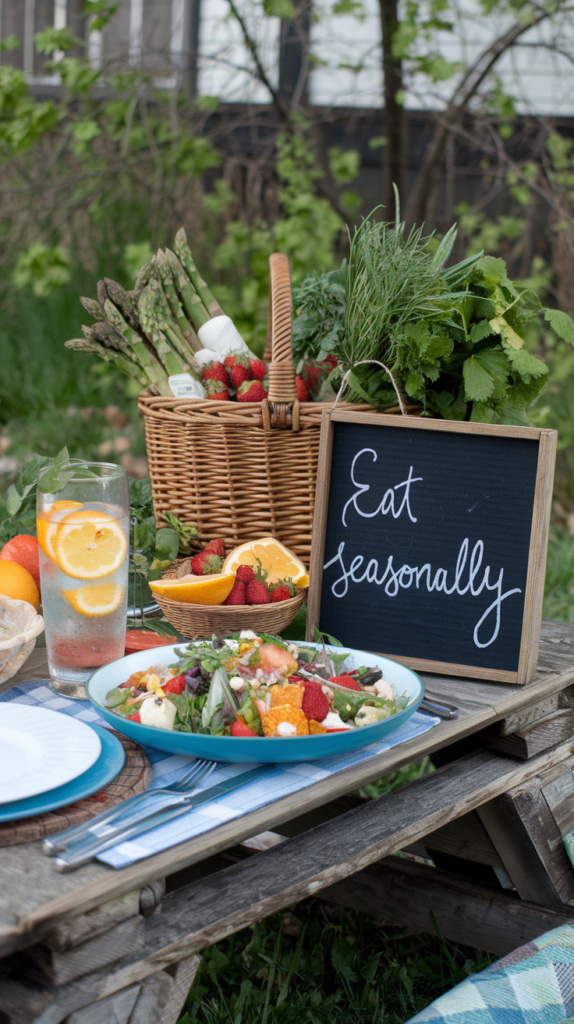 Eat Seasonally – Fresh Spring Produce Picnic with a Healthy Salad & Citrus Water A rustic picnic table with fresh spring produce, a colorful seasonal salad, and a glass of citrus-infused water.