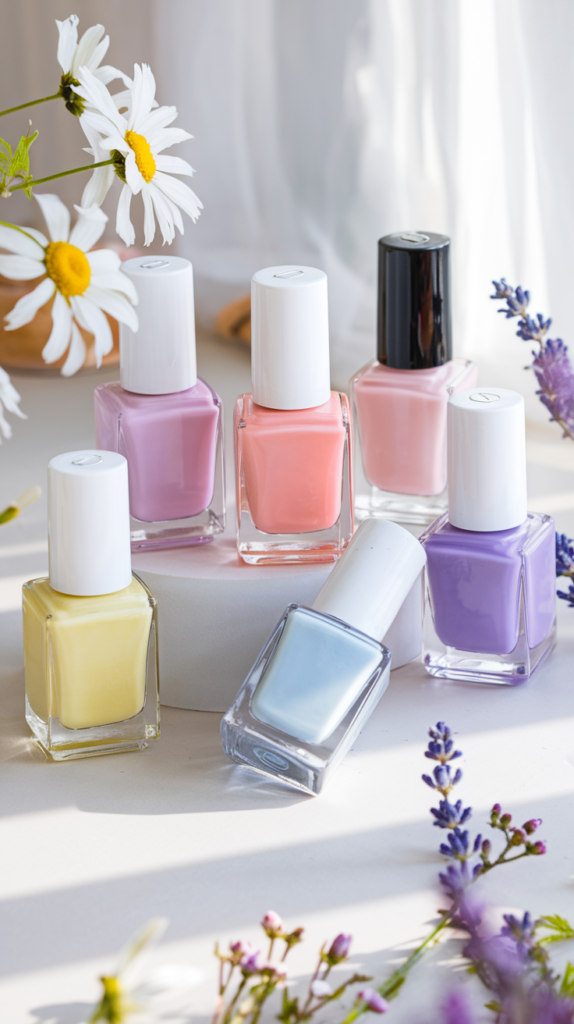 A dreamy lineup of nail polish bottles in bright, happy spring colors—cheerful yellow, delicate pink, soft peach, airy blue, and pastel lilac—perfect for fresh spring manicures.