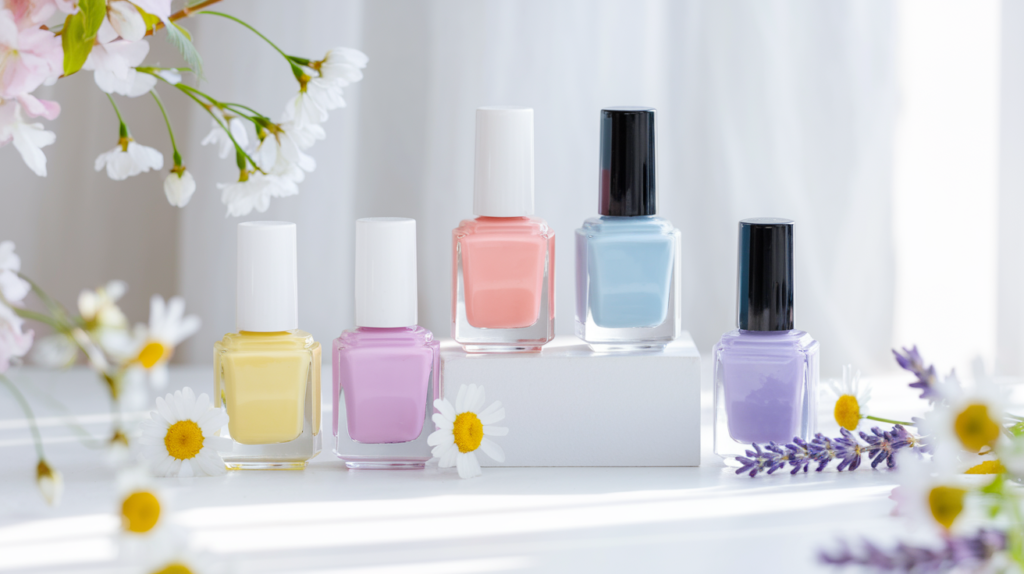 A row of unmarked nail polish bottles in soft spring colors: sunshine yellow, blossom pink, peach sorbet, sky blue, and lilac, arranged on a clean white surface with subtle floral accents.