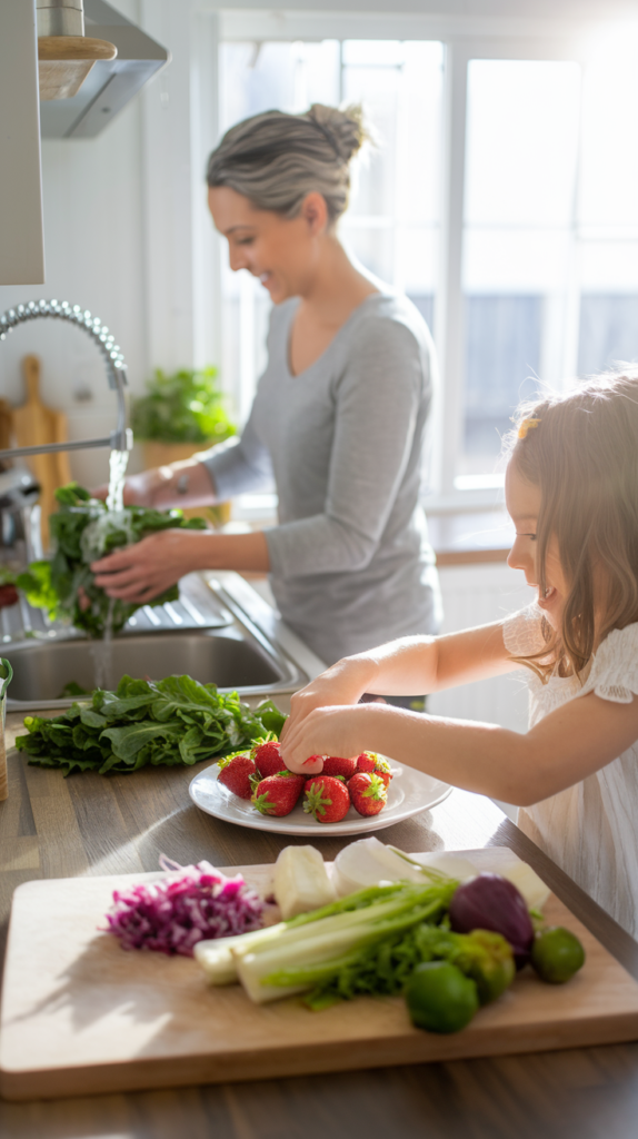 Spring Cooking – A Family Preparing a Fresh, Seasonal Meal Together in a Sunlit Kitchen A family joyfully preparing a fresh spring meal together, chopping vegetables and arranging strawberries in a sunlit kitchen.