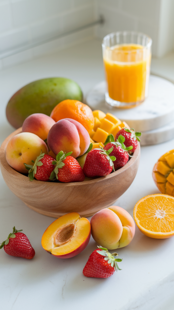 Vibrant Spring Fruits – Strawberries, Apricots, Oranges & Mangoes in a Sunlit Kitchen A wooden bowl filled with fresh spring fruits, including strawberries, apricots, oranges, and mangoes, with a glass of citrus juice in the background.