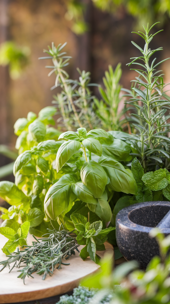 Fresh Spring Herbs – Basil, Rosemary, Thyme & Mint in a Sunlit Garden Fresh spring herbs, including basil, rosemary, thyme, and mint, growing in a lush garden with sunlight filtering through.
