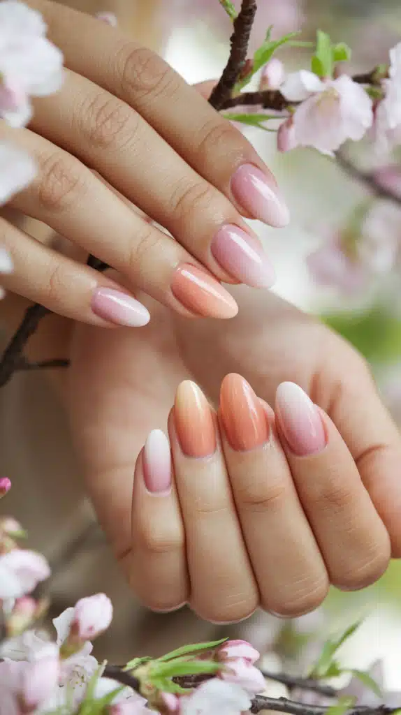 Close-up of a hand with soft pink and peach ombré nails, glossy and perfectly manicured, against a spring floral background.