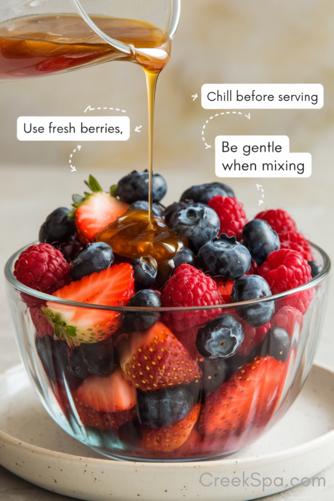 A bowl of fresh berry salad with honey-lime dressing, accompanied by useful preparation tips