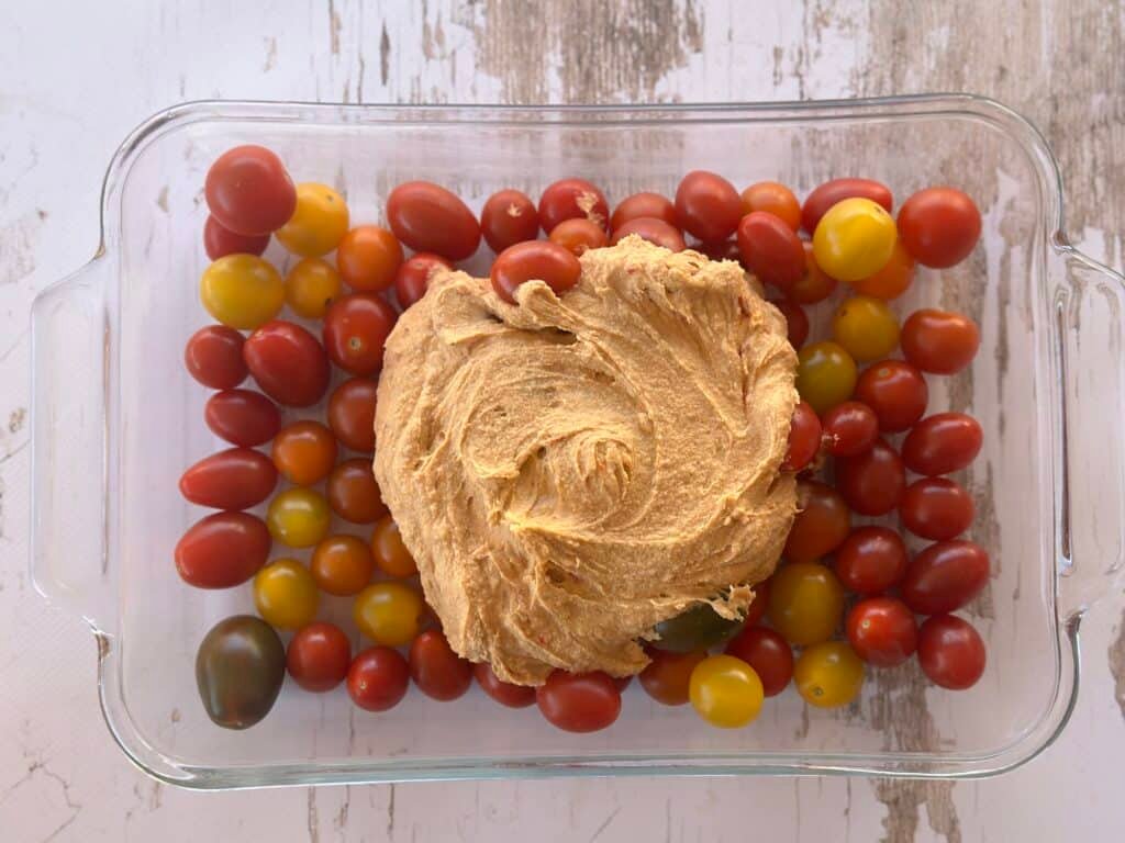 Hummus and tomatoes make an easy sauce for pasta.
