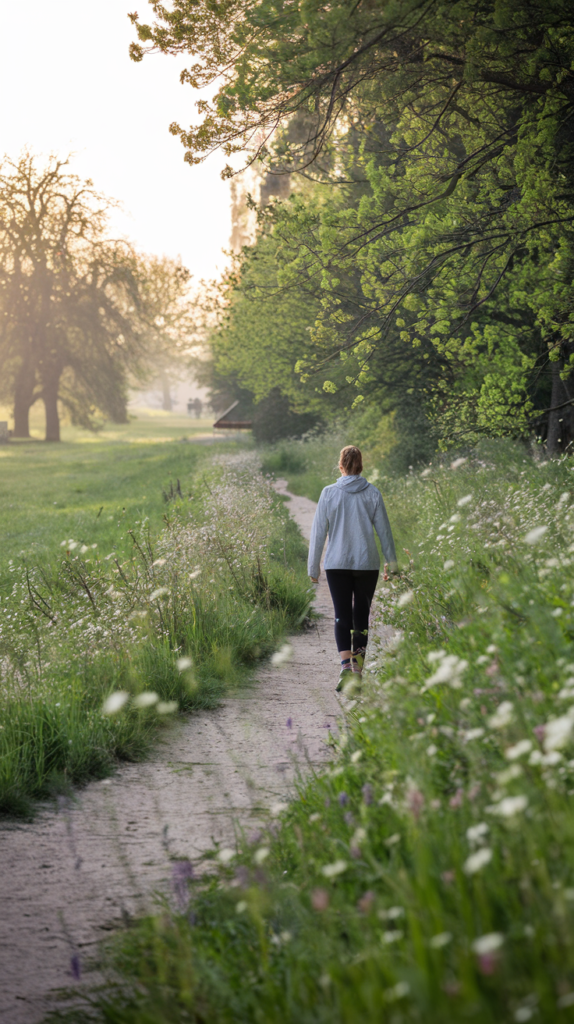 Relaxing spring walk in a park with sunlight filtering through the trees.