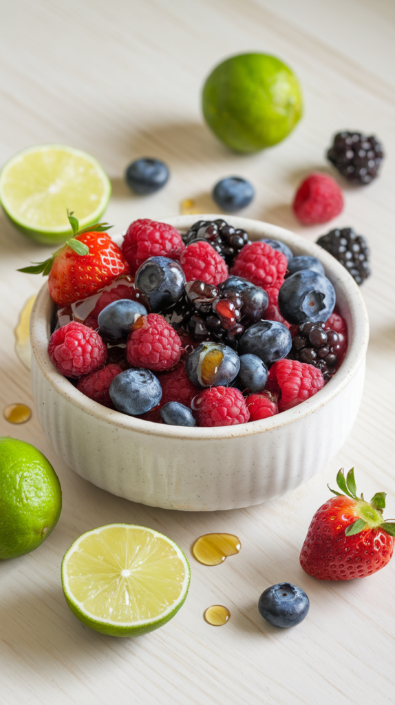 A bowl of fresh organic mixed berries drizzled with honey-lime dressing.