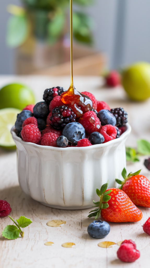 Drizzling a mixed berry salad with honey-lime dressing.