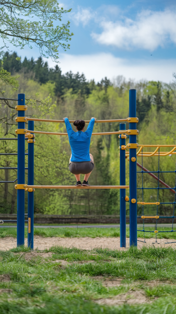 Outdoor fitness in a blooming park with bright sunshine.