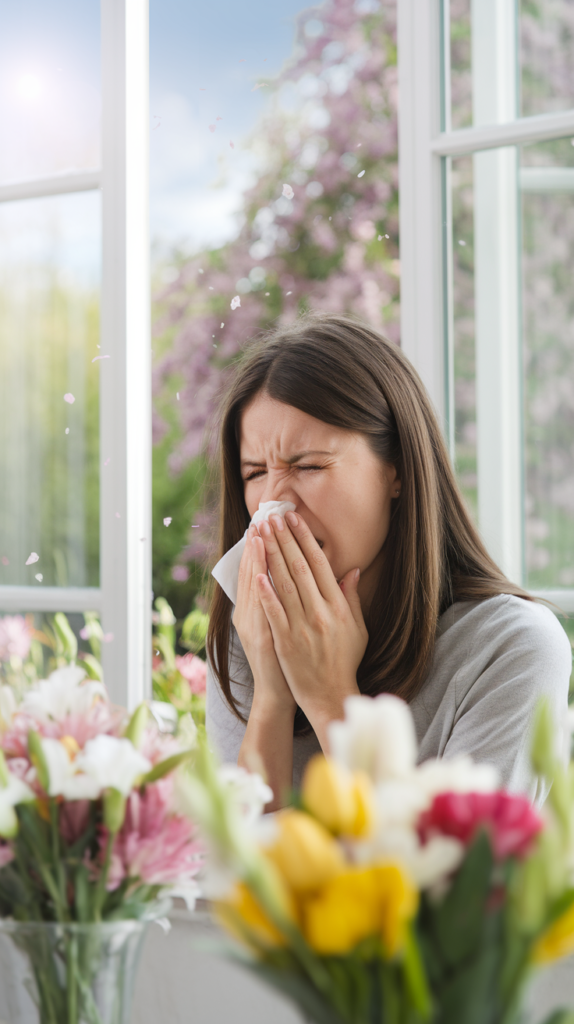 A person sneezing near an open window with pollen floating in the air on a bright spring day.