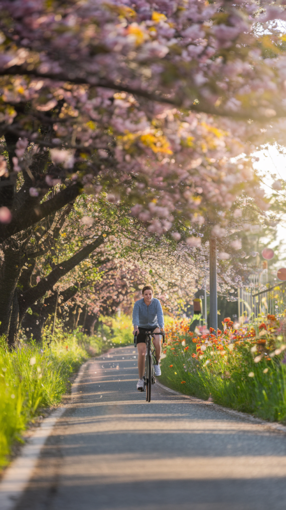 Person biking along a scenic path with cherry blossoms in full bloom.