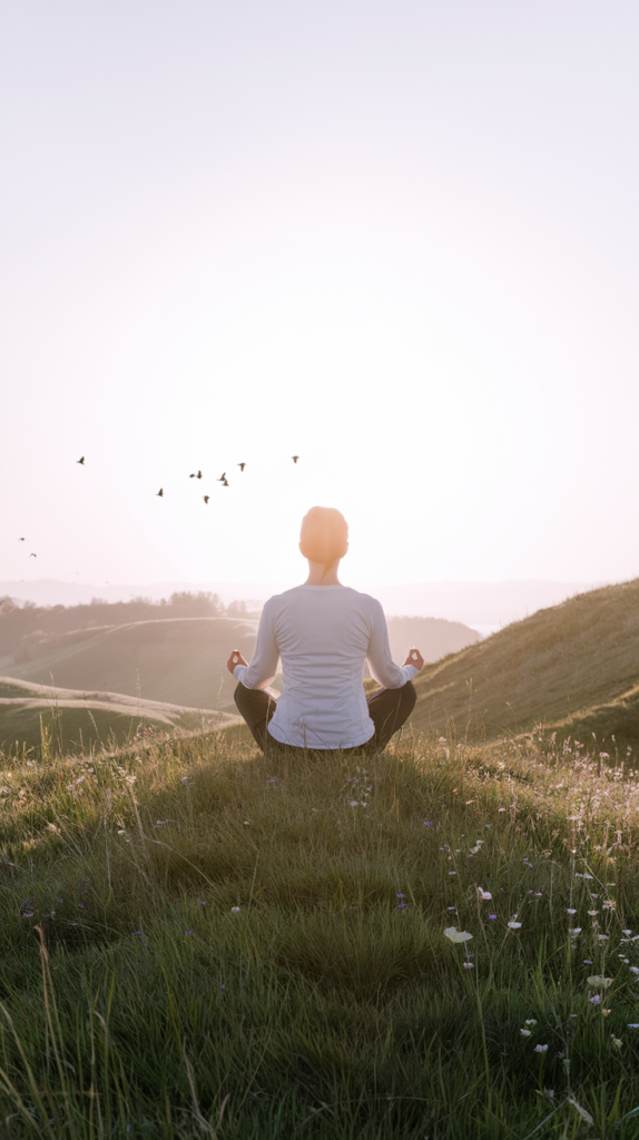 Person meditating on a grassy hill at sunrise with a peaceful spring landscape.