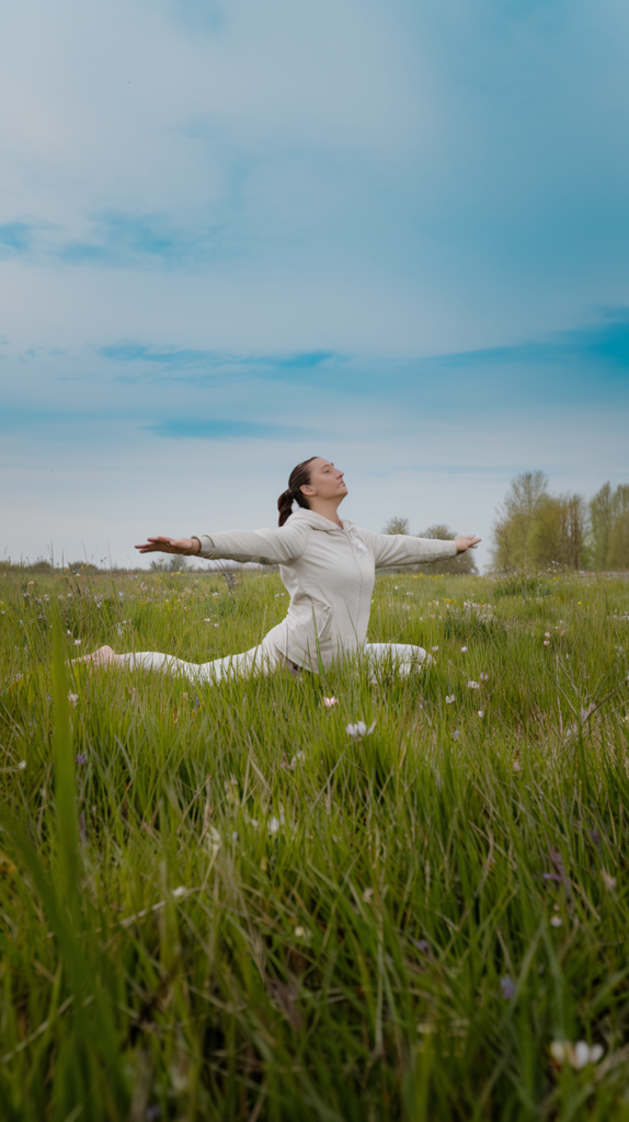Gentle tai chi movements in nature on a sunny spring day.